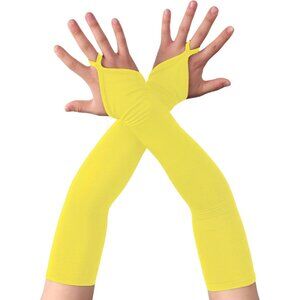 Women's Yellow Finger Loop Fingerless Satin Long Gloves Halloween Party Costume